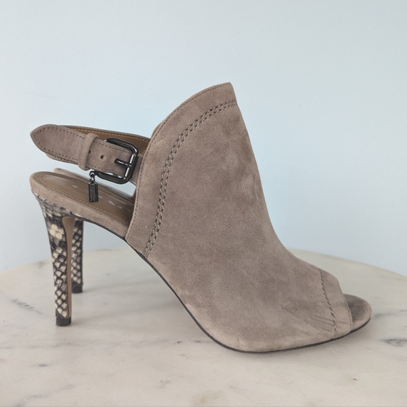 Coach Kearney Taupe Suede Leather Snake Print Peep Toe Heels - Picture 3 of 12